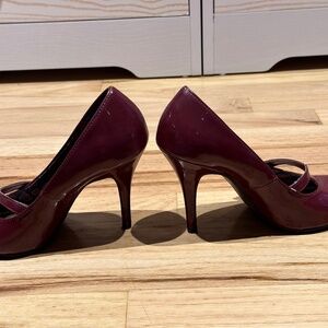 Burgundy red heels with attached strap